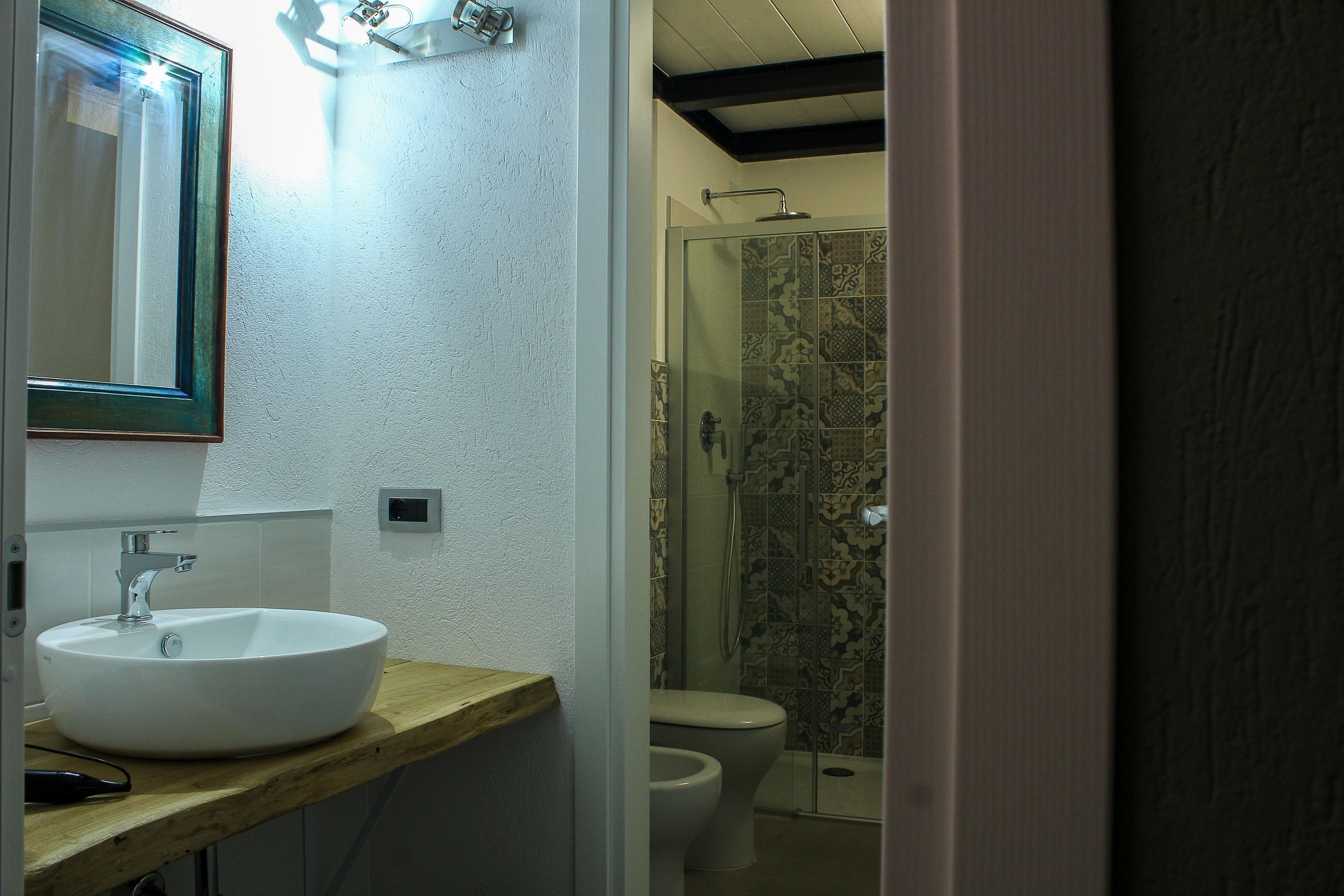 A bathroom with a white sink, a mirror, and a shower with patterned tiles.