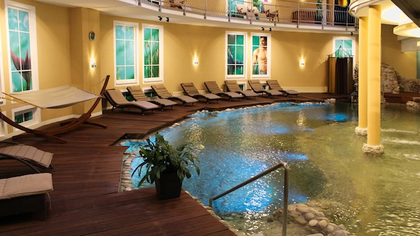 Indoor pool, outdoor pool, open 9:00 AM to 8:30 PM, pool umbrellas