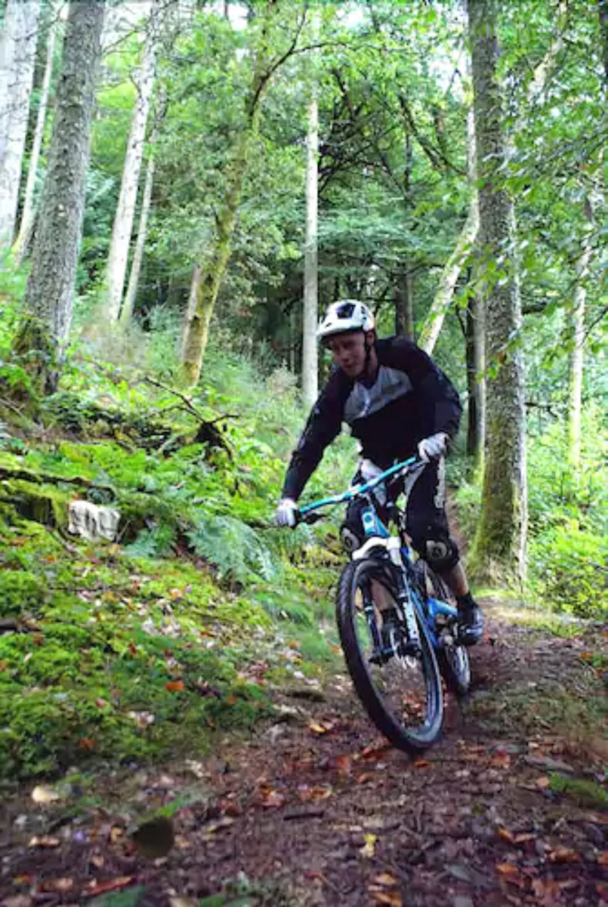Una persona montando una bicicleta de montaña por un sendero forestal.