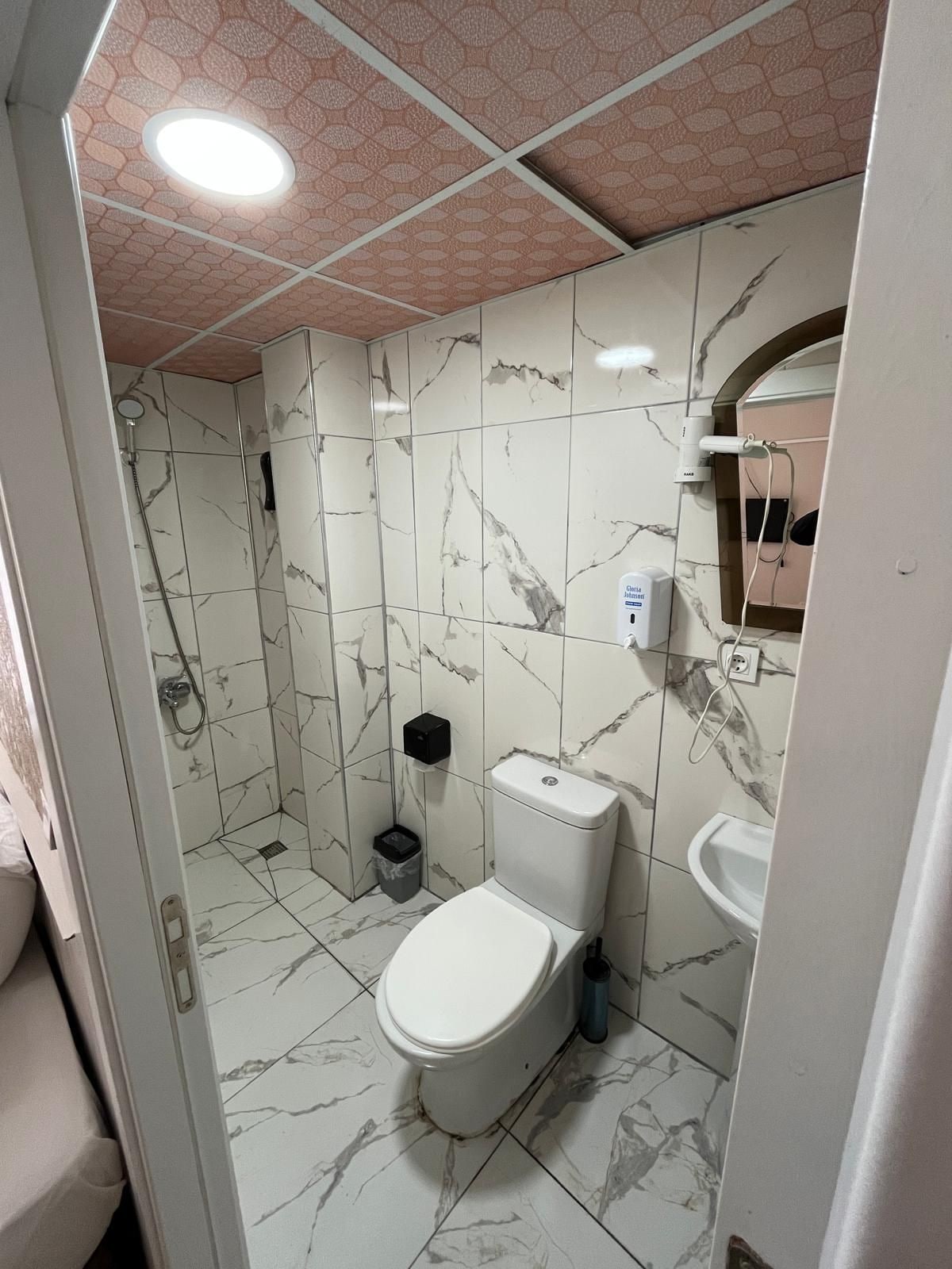 Un baño con inodoro, lavamanos y ducha.