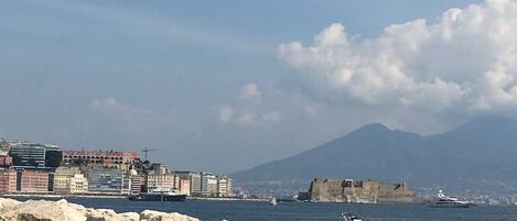 A rocky shoreline with a historic building and a mountain in the background.