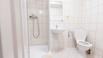 A modern bathroom with a shower, sink, and toilet.