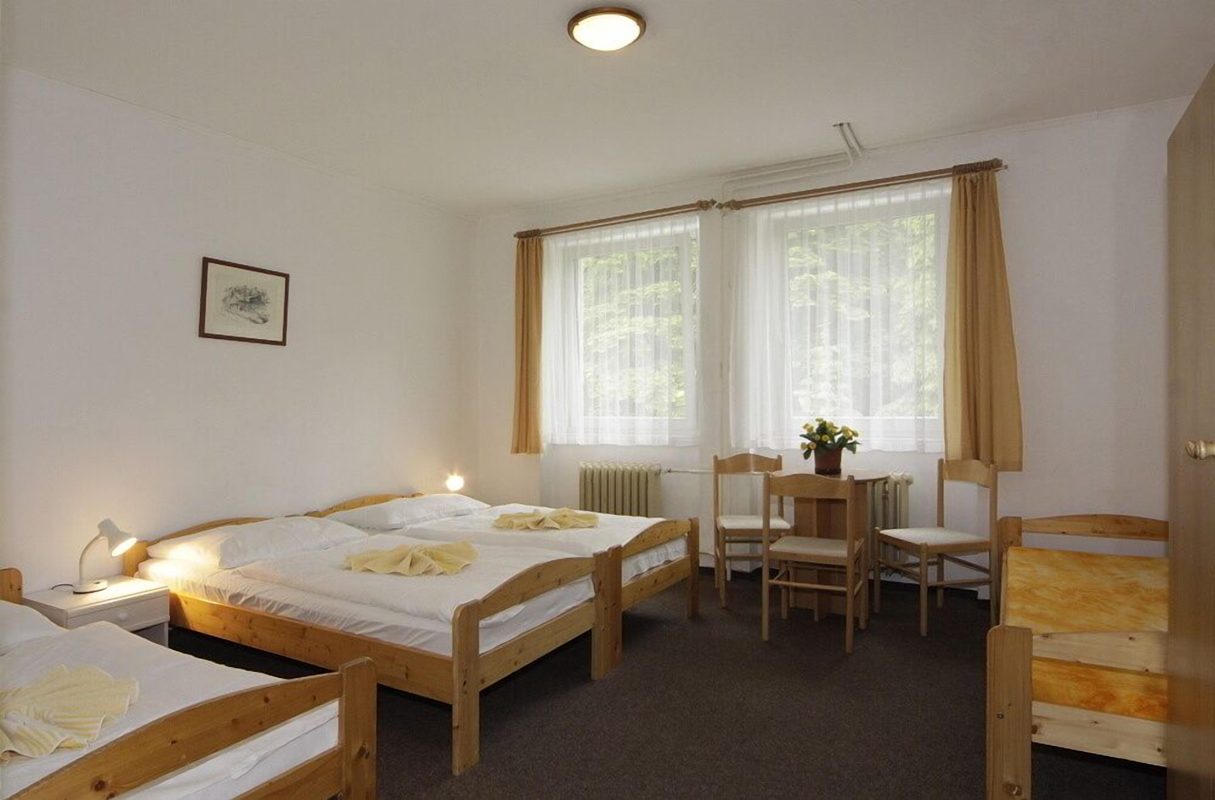 A room with two wooden beds, a small table with chairs, and a radiator.