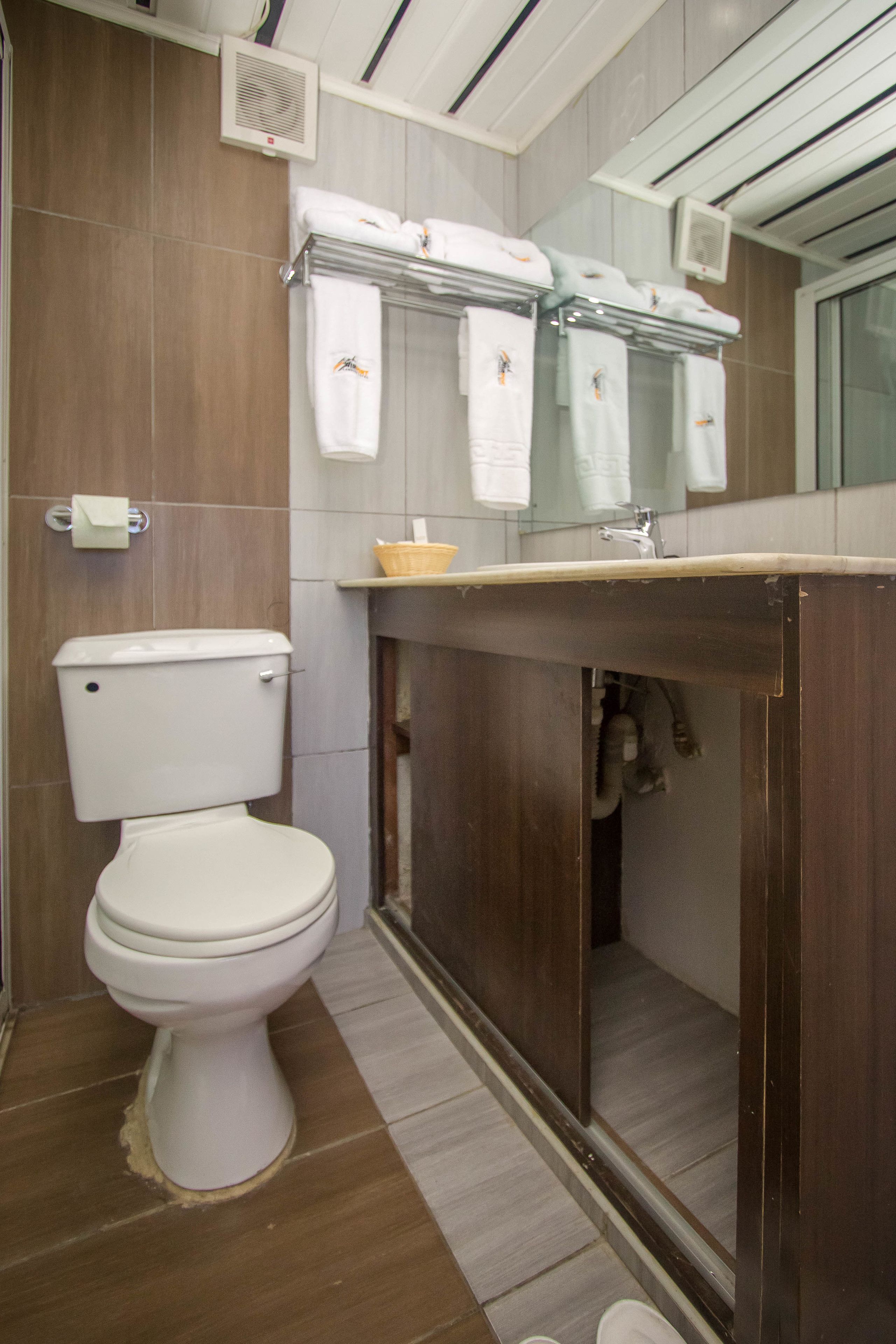 A bathroom with a toilet, a sink, and a mirror.