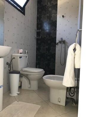 Douche, sèche-cheveux, bidet, serviettes fournies