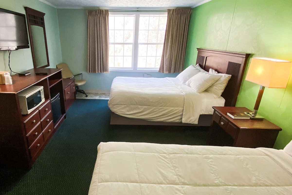 Une chambre d’hôtel avec deux lits, une télévision, un bureau avec une lampe et une fenêtre avec des rideaux.