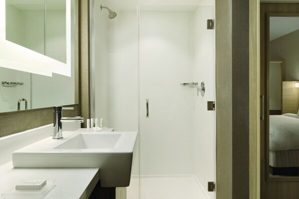 Une salle de bain moderne avec un grand lavabo, un miroir et une douche.