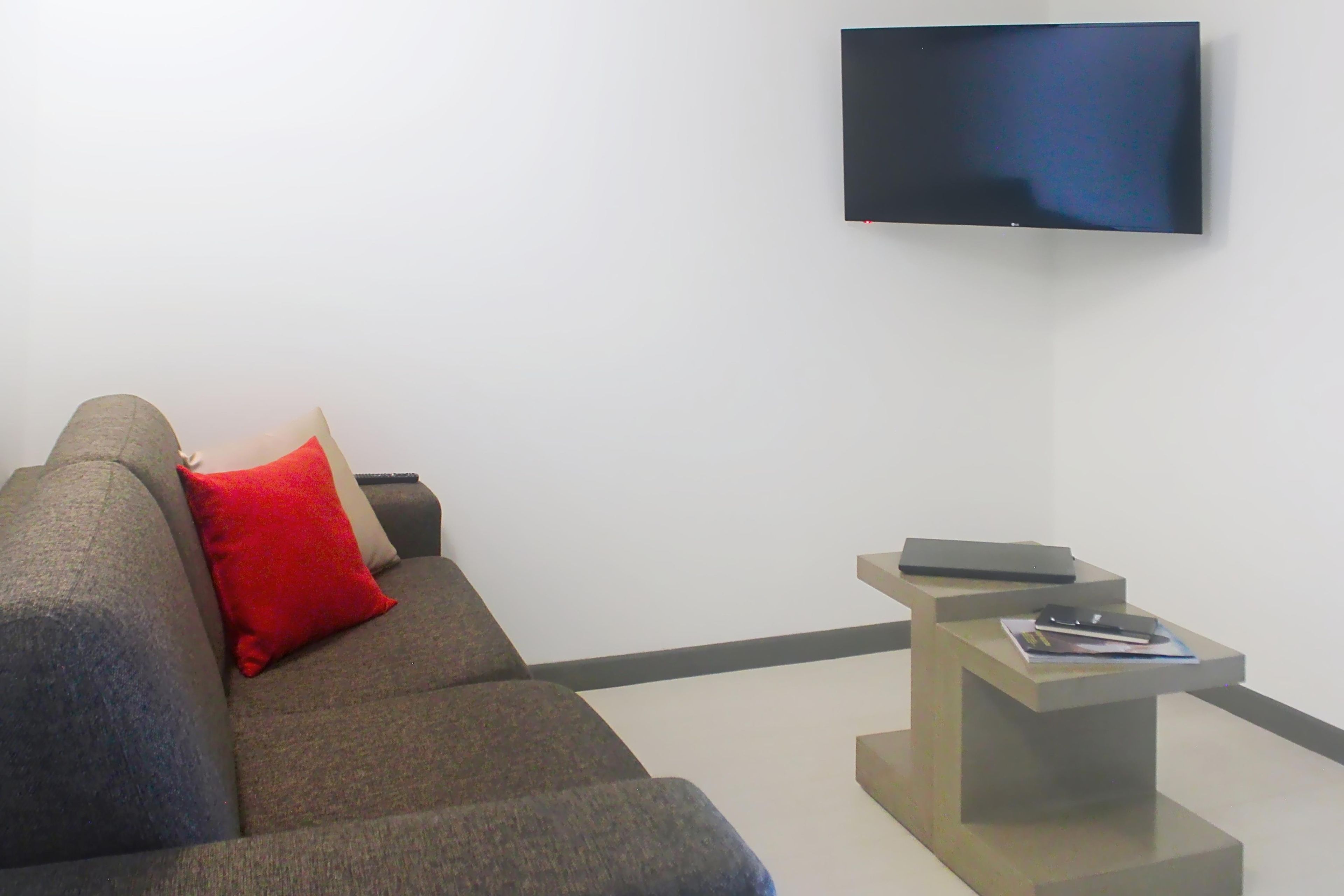Un salon moderne avec un canapé gris, un coussin rouge, une petite table basse et un téléviseur à écran plat fixé au mur.