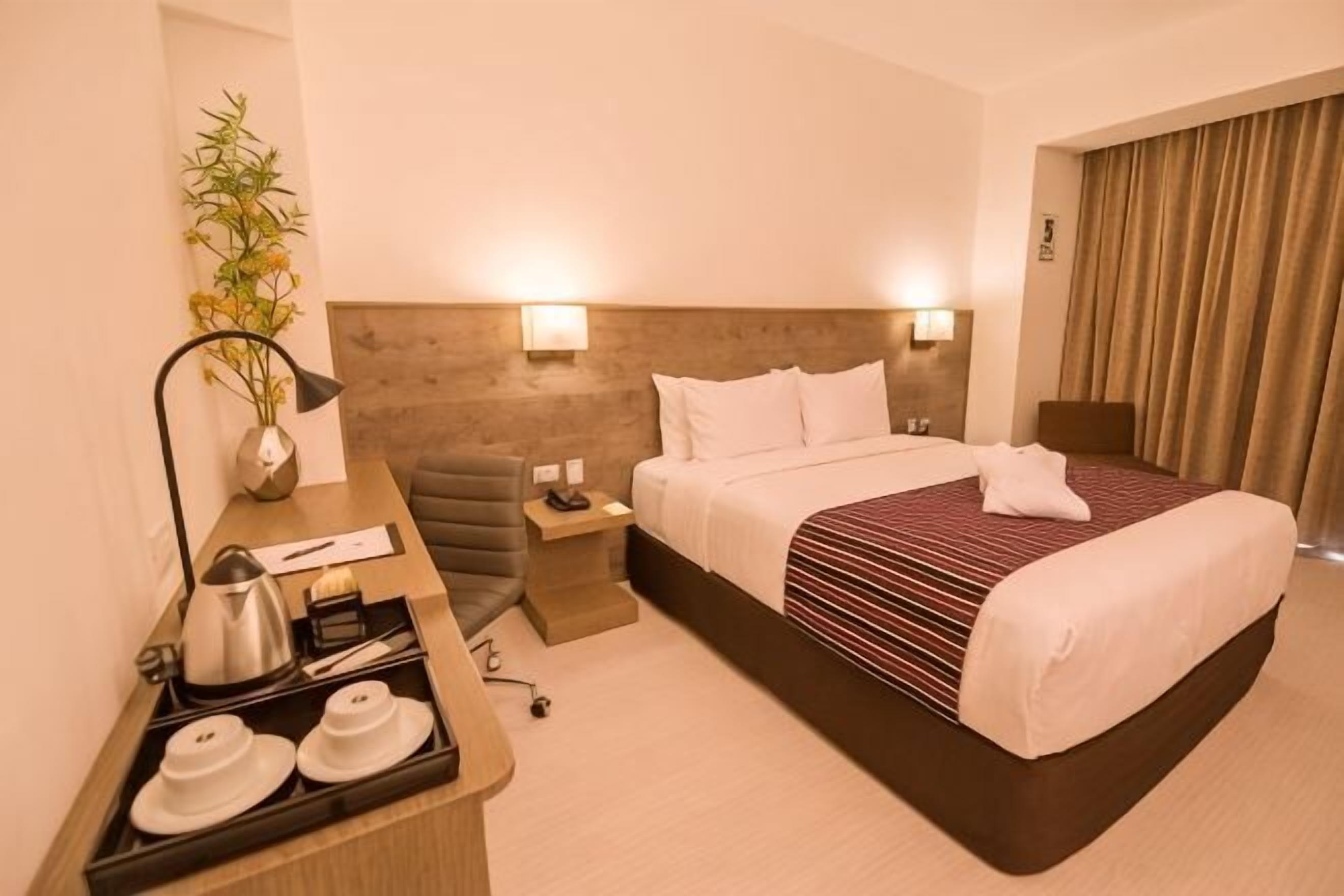 Quarto de hotel com cama, mesas de cabeceira, escrivaninha com luminária e uma planta.