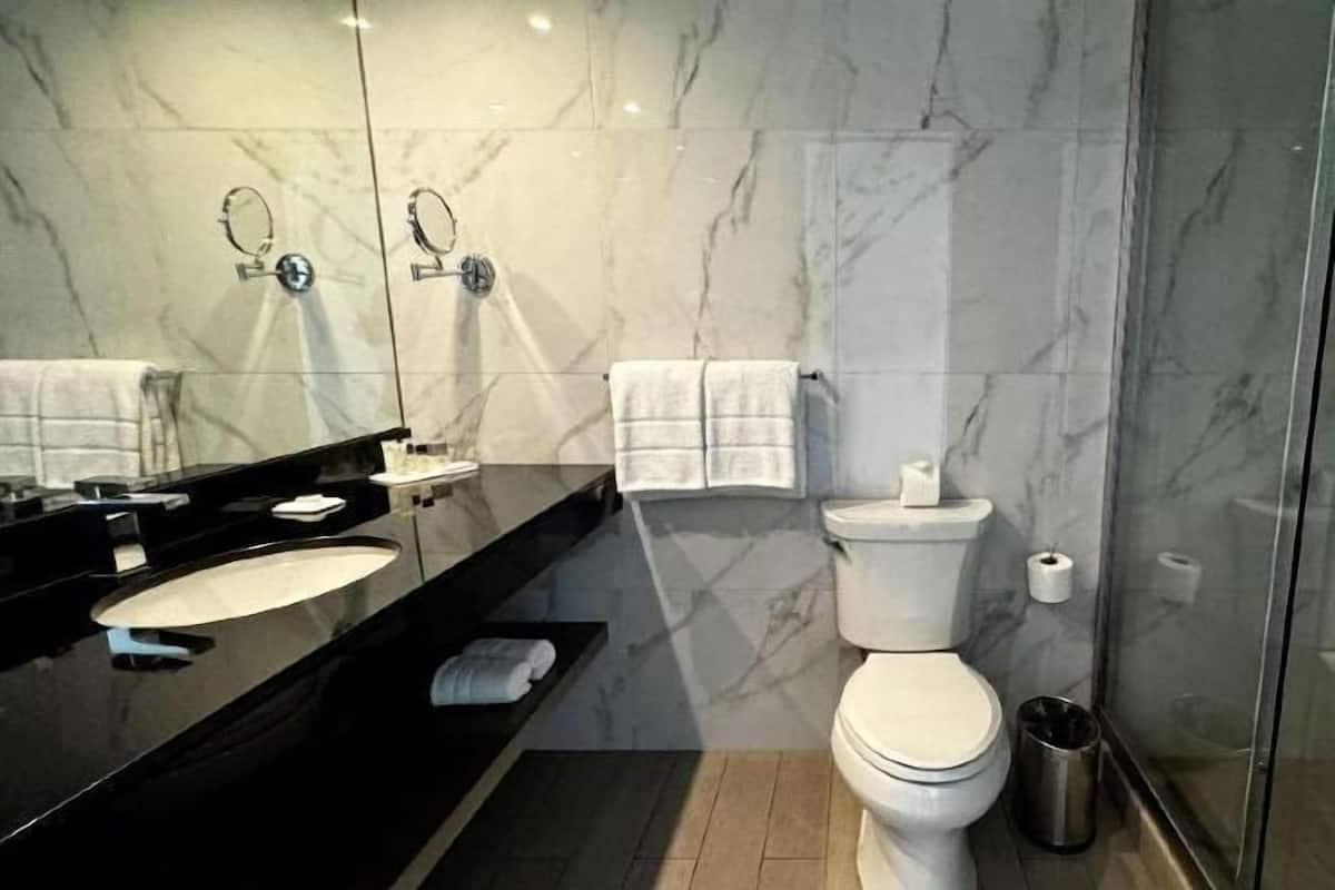 Bathroom | Shower, rainfall showerhead, hair dryer, towels