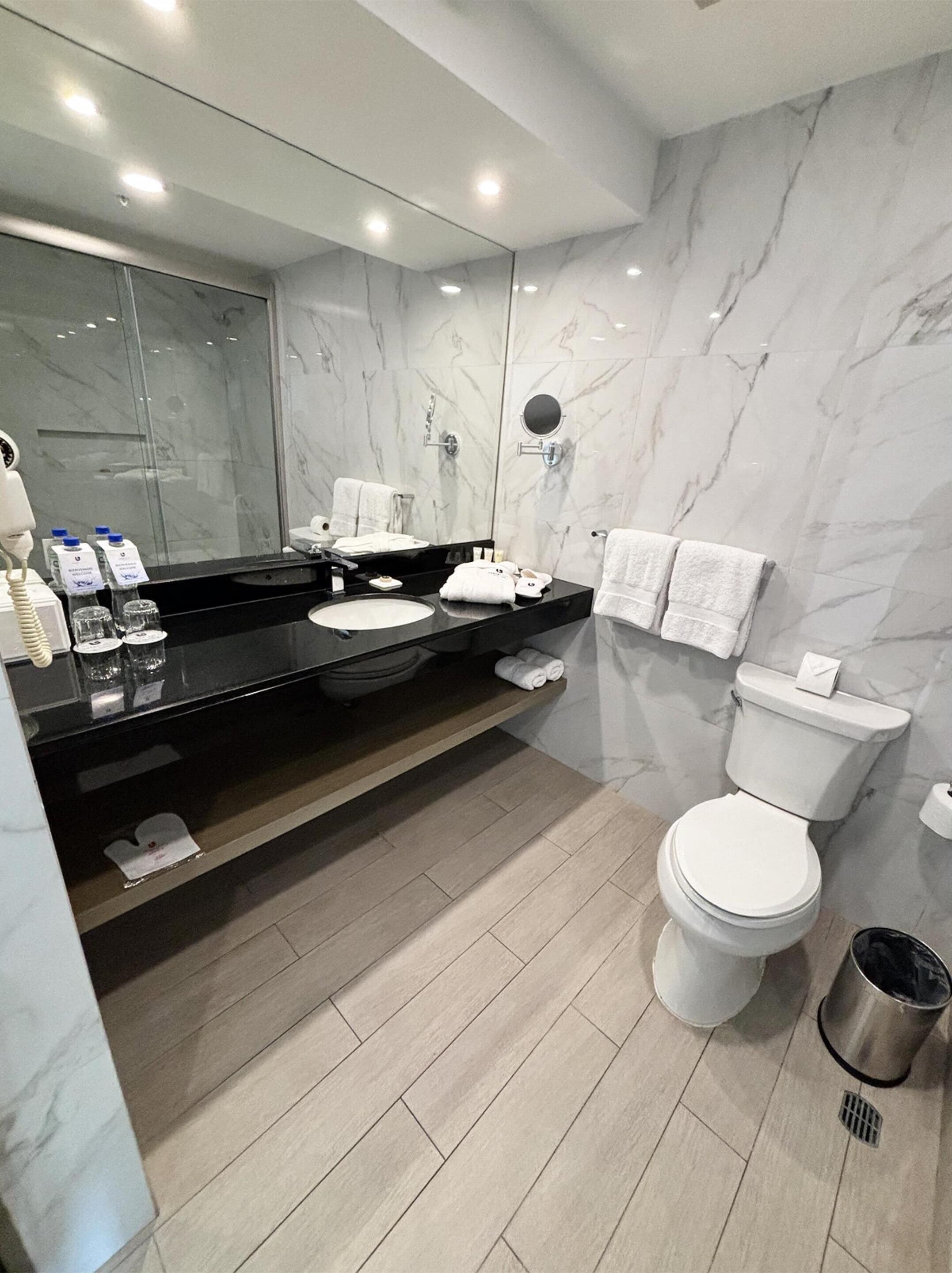 shower, rainfall showerhead, hair dryer, towels