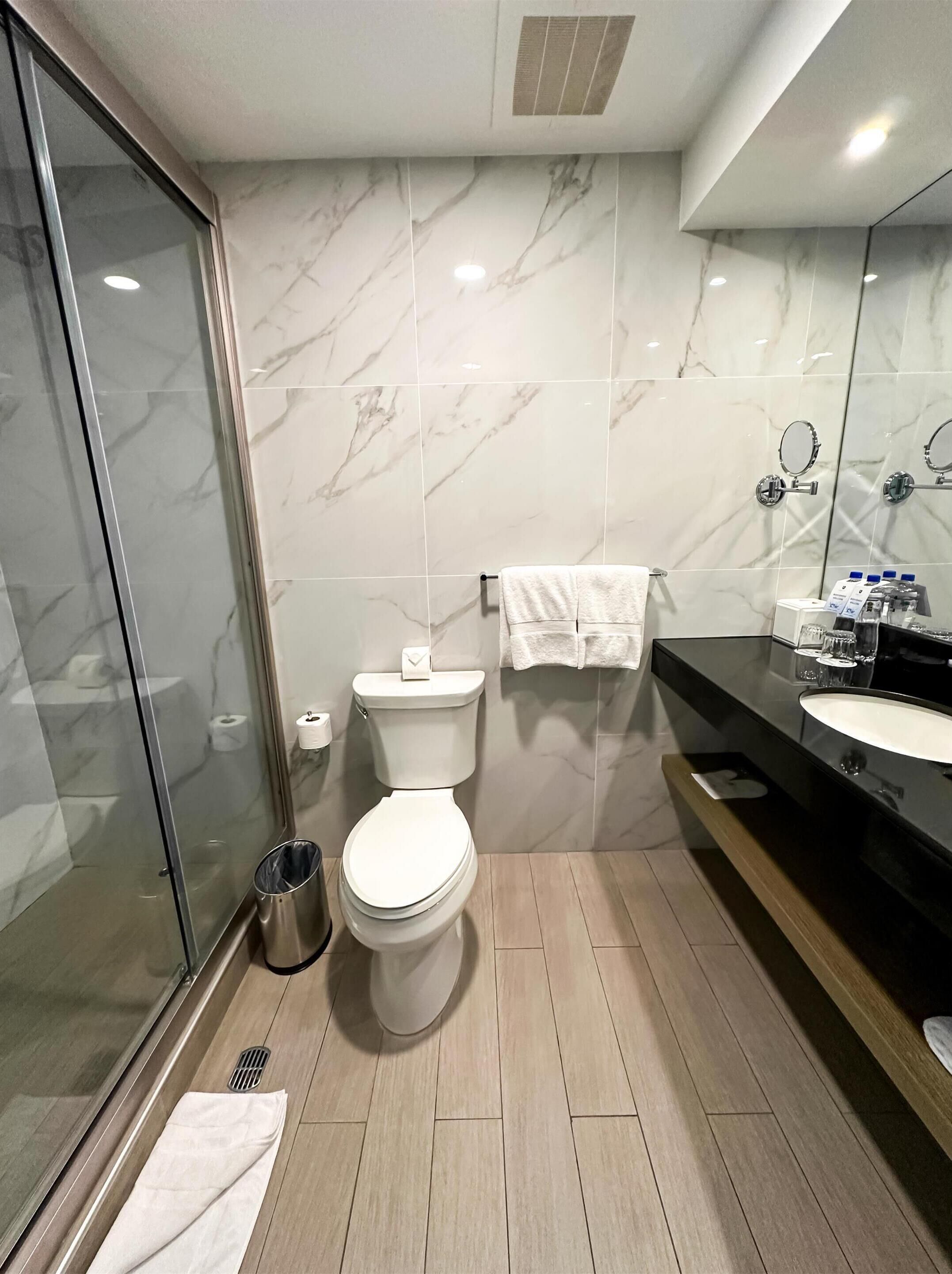 A modern bathroom with a toilet, bidet, and glass shower enclosure.