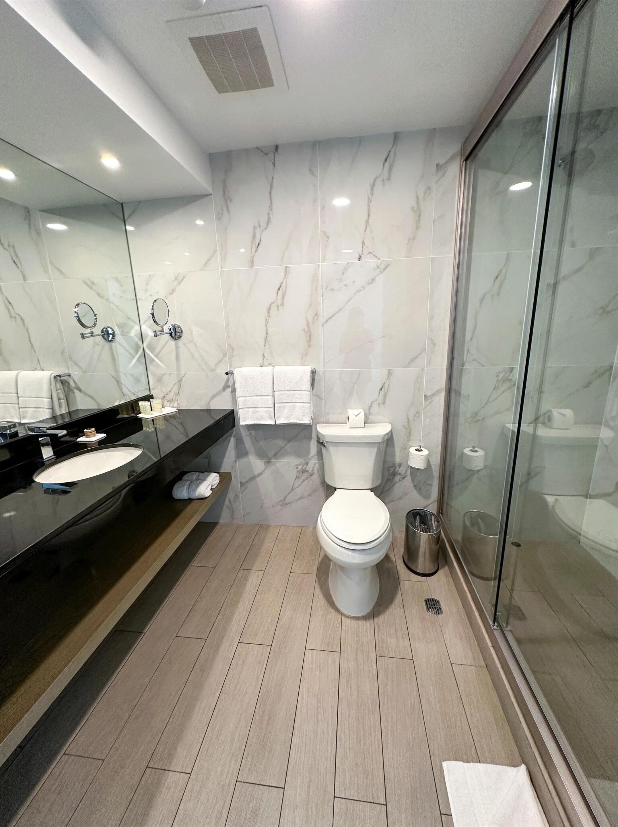 shower, rainfall showerhead, hair dryer, towels