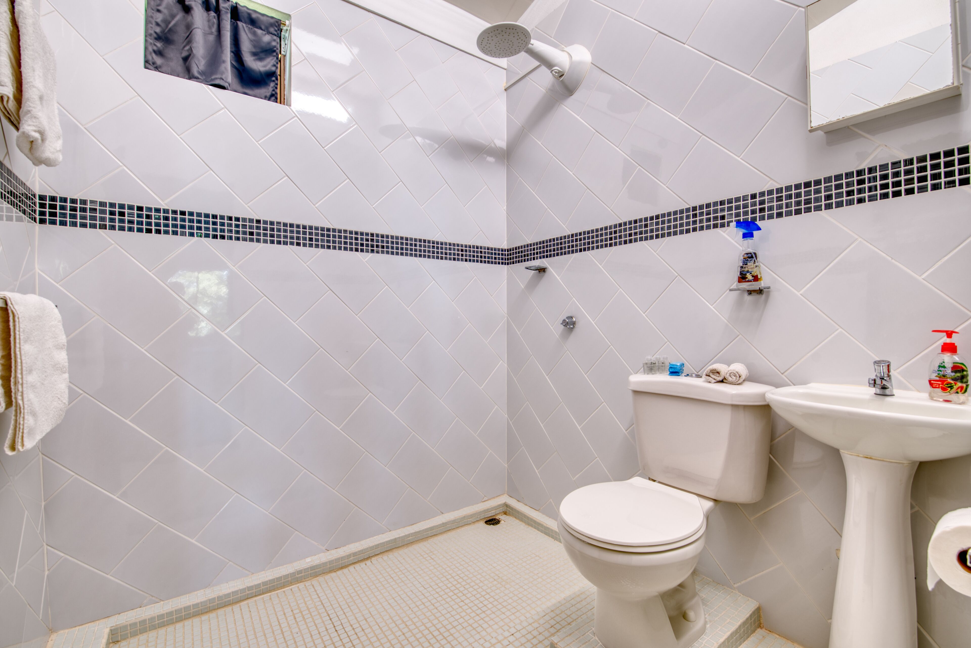 7 grey room double room with two double beds | bathroom | shower, free toiletries, hair dryer, towels