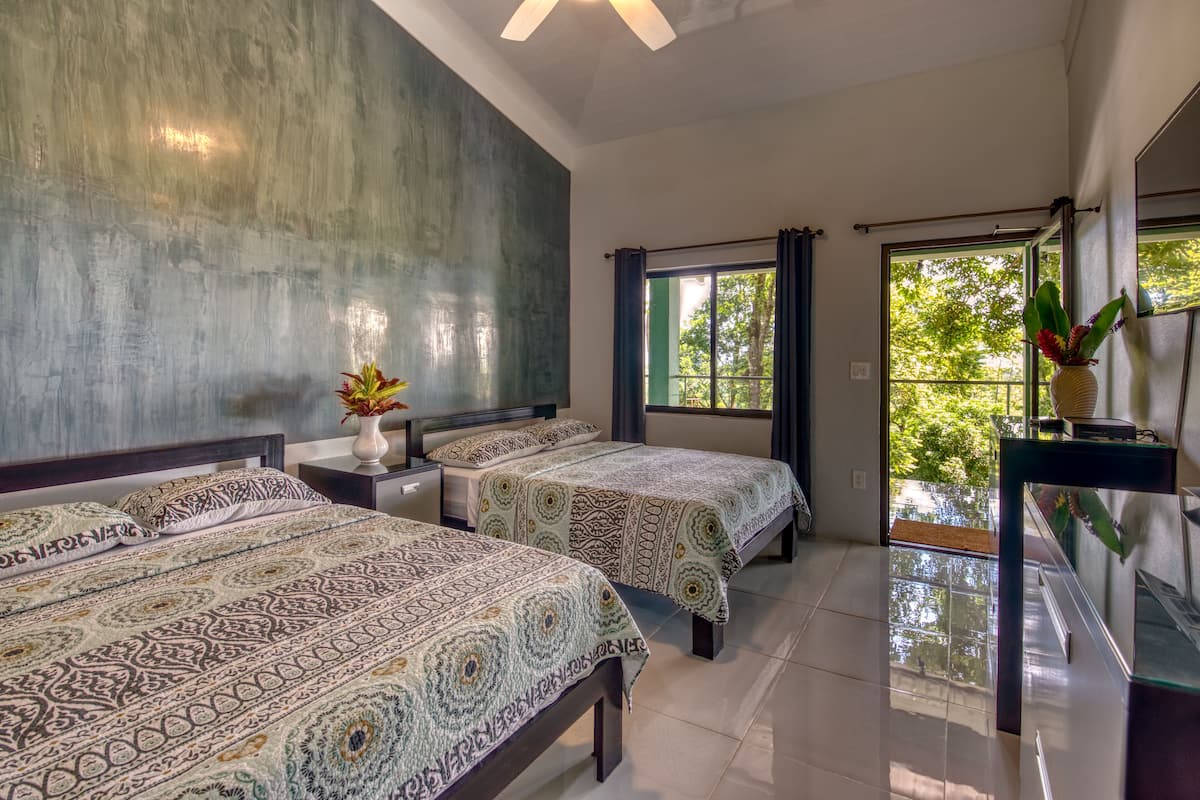 7 grey room double room with two double beds | desk, laptop workspace, soundproofing, free wifi