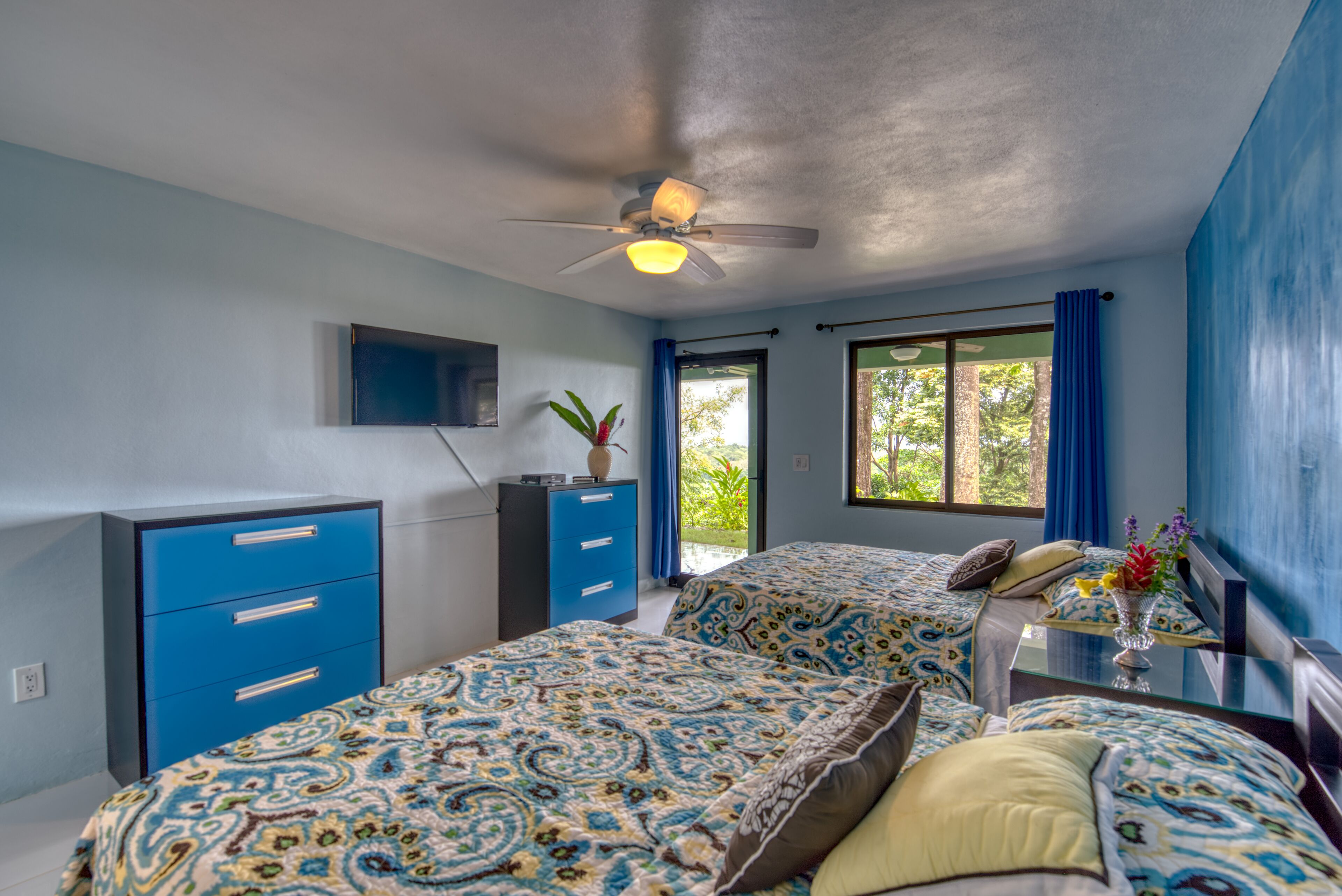 2 blue room double room with two double beds | desk, laptop workspace, soundproofing, free wifi