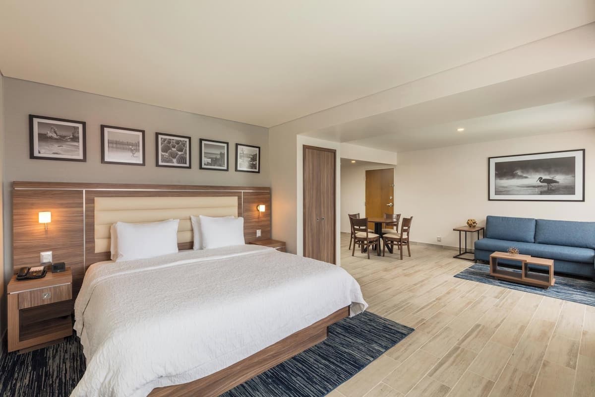 A hotel room with a large bed, a desk, a sofa, and a dining area.