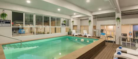 Indoor pool, open 10:00 AM to 9:00 PM, sun loungers