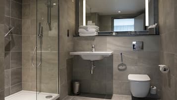Shower, eco-friendly toiletries, hair dryer, towels
