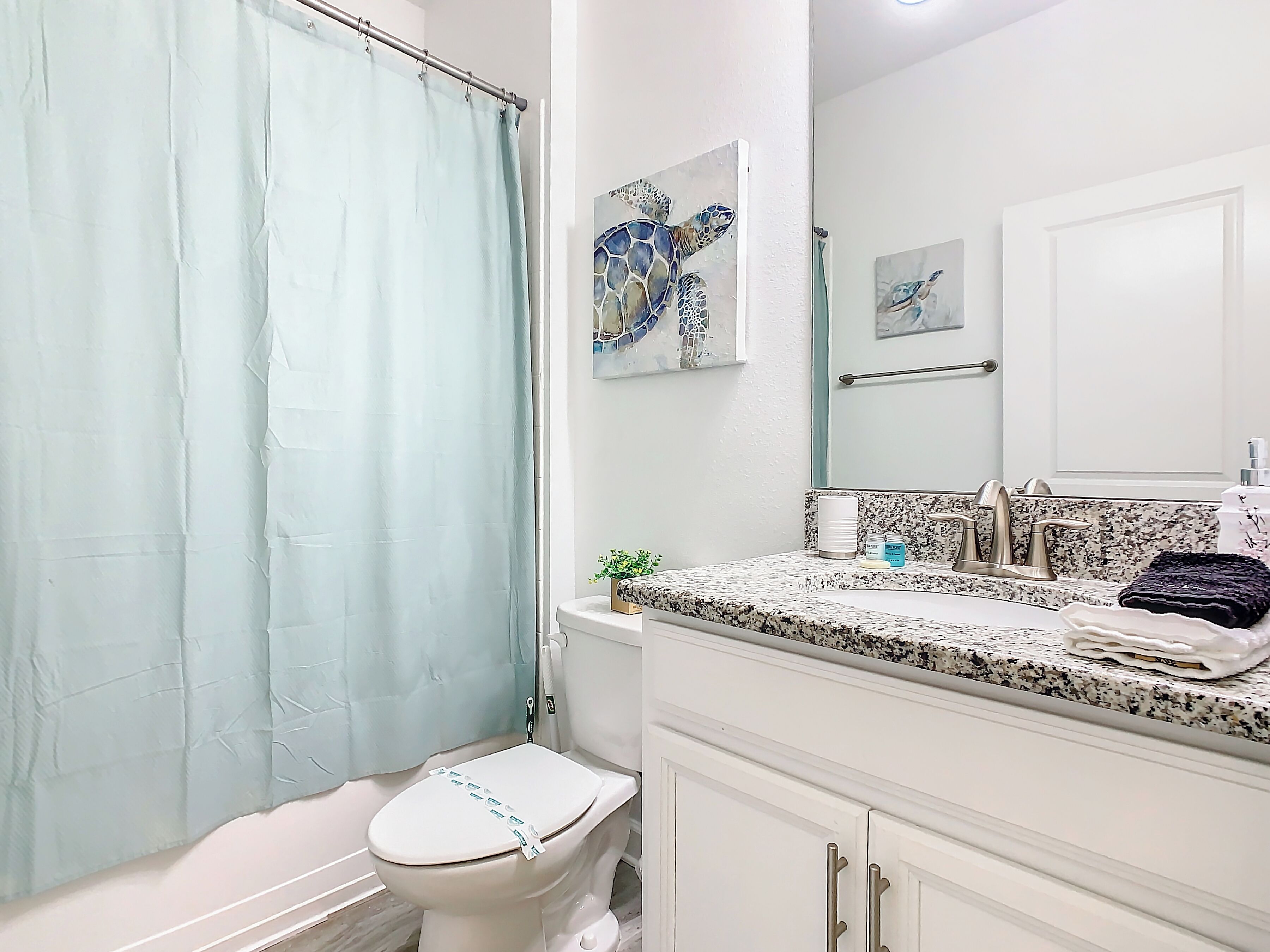A bathroom with a toilet, a shower curtain, a sink with a mirror, and a towel rack.