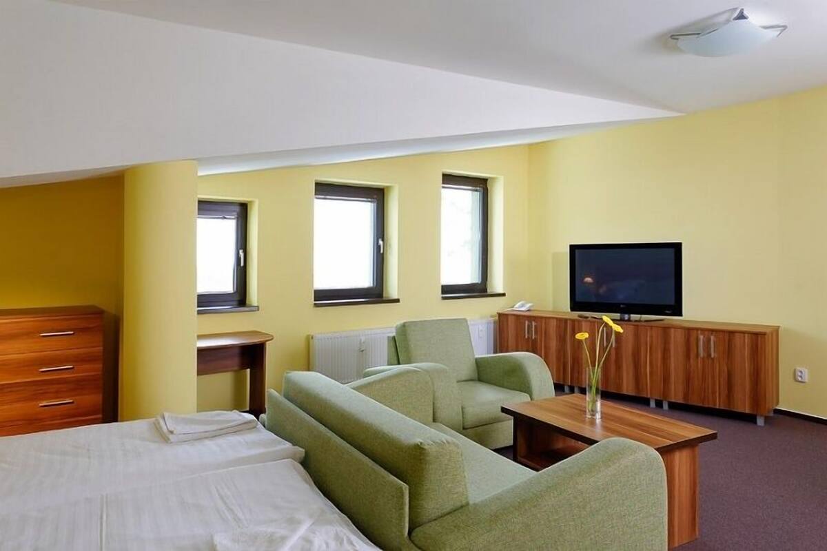 Une chambre d’hôtel avec un lit, un canapé vert, un bureau en bois, une télévision et une armoire.