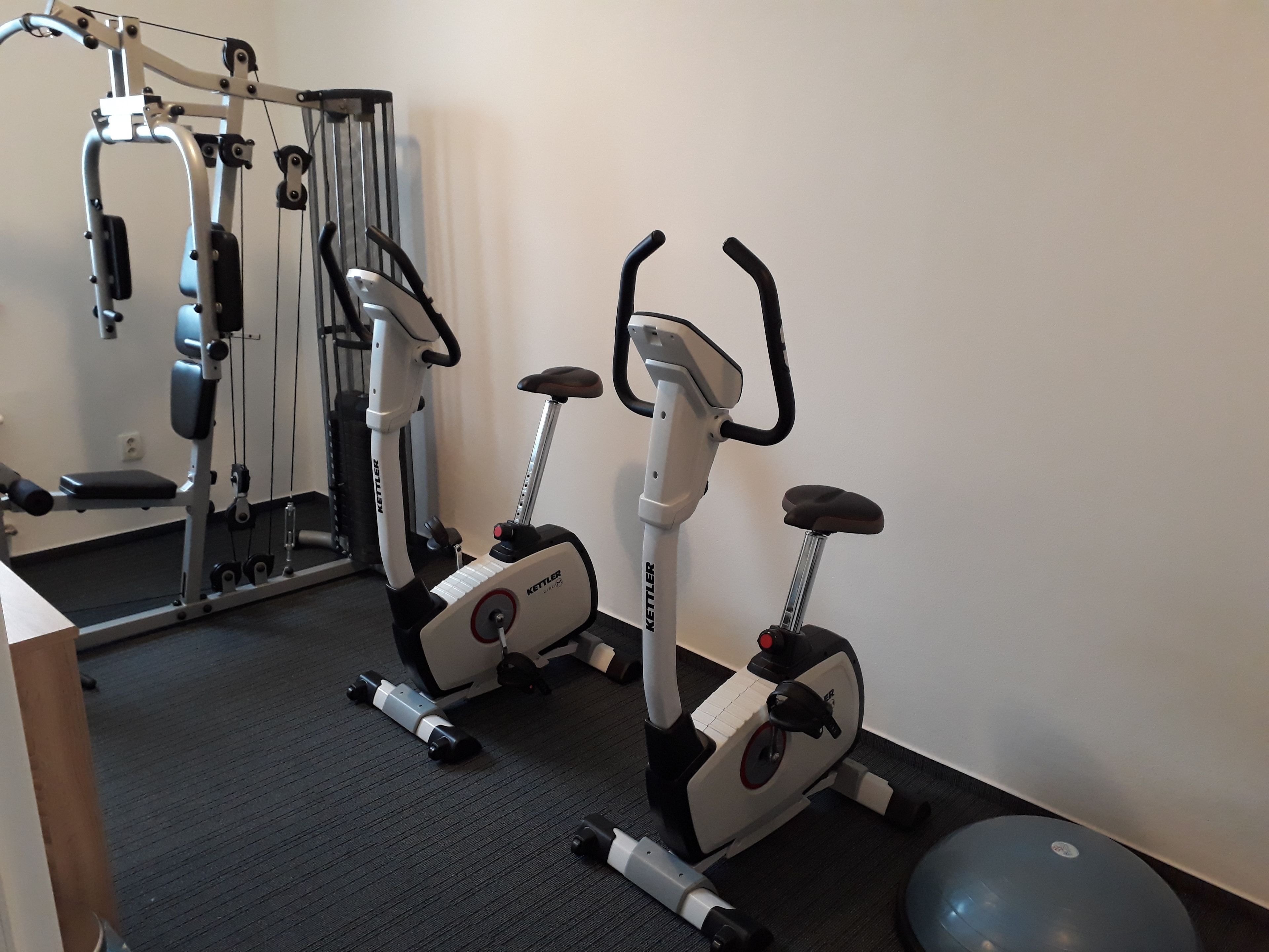 Une salle de sport équipée de vélos d’appartement et d’une machine de musculation.