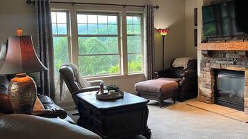 Smart TV, fireplace, DVD player, stereo