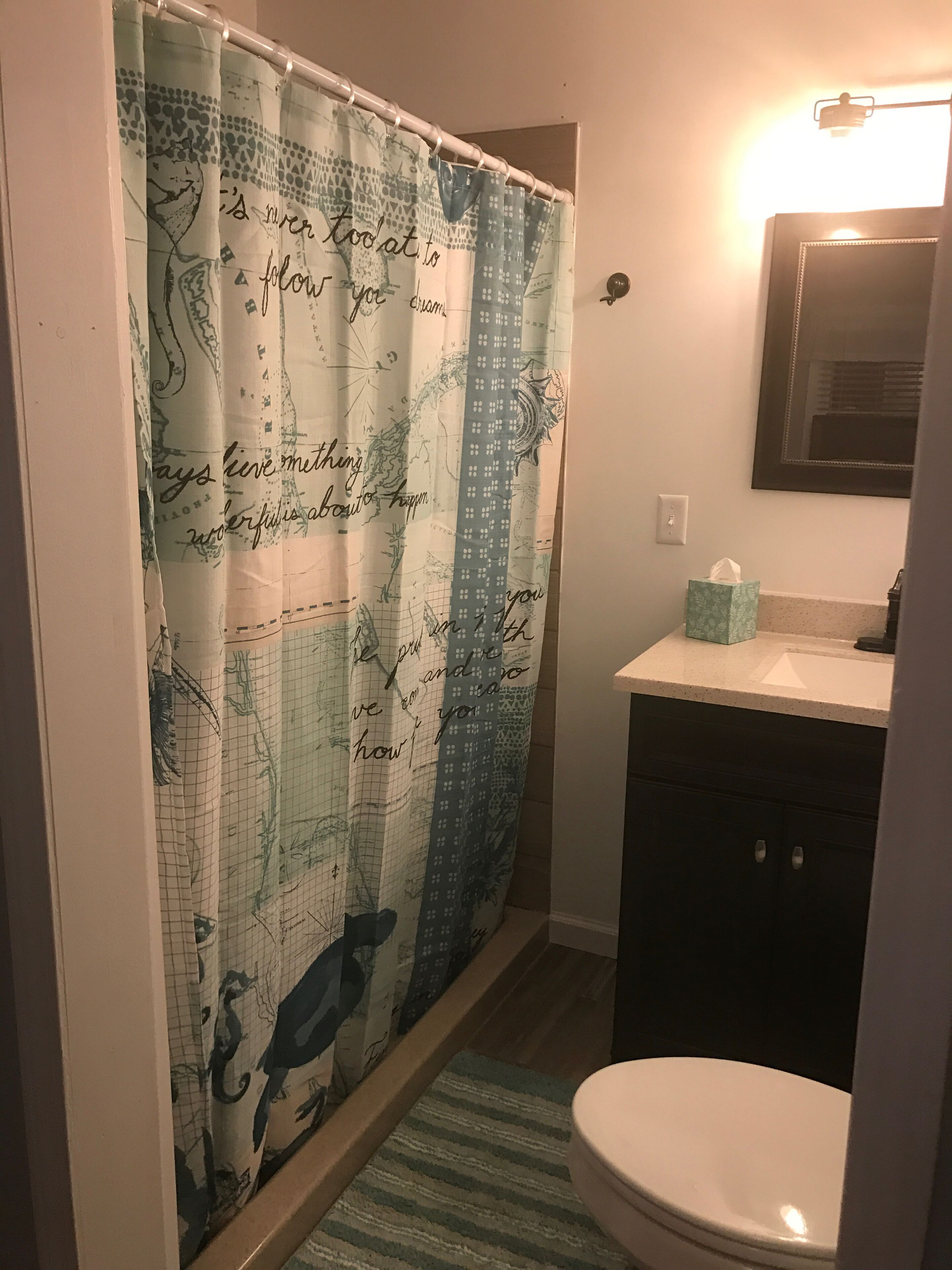 A bathroom with a shower curtain featuring a map design, a sink, a mirror, and a toilet.