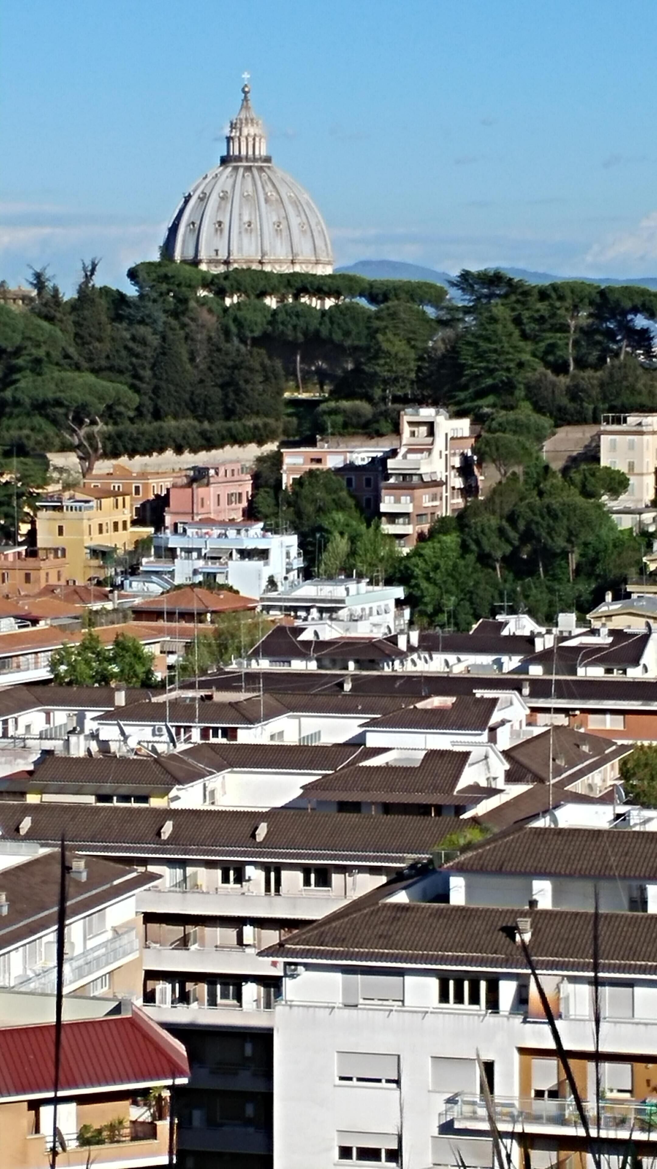 A cityscape with a prominent dome structure in the background, surrounded by residential buildings and greenery.