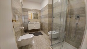 Shower, hair dryer, bidet, towels