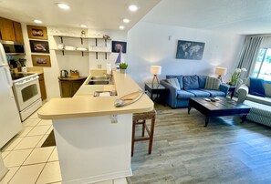 Kitchen, Living Area with Sleeper Sofa, Mounted Flat TV  and Walkout to Lanai 