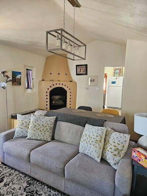 Smart TV, fireplace, books