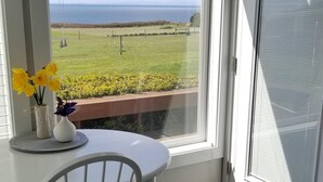 A room with a view of the sea, a white table with chairs, and a vase with flowers.