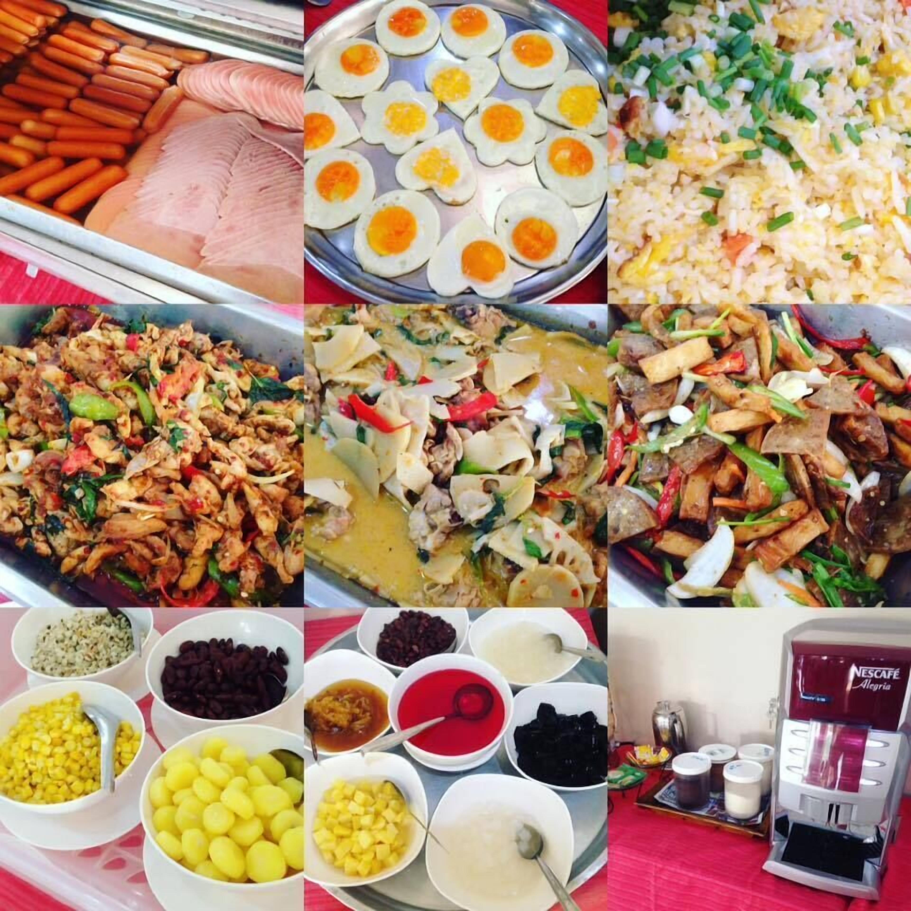 A variety of food dishes, including fried eggs, rice, and stir-fried meats.