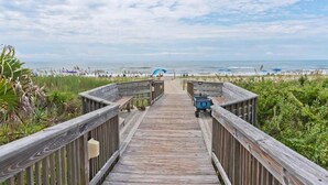 Una passerella di legno che conduce a una spiaggia, con vista libera sull'oceano.