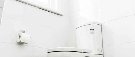 A modern bathroom with a toilet, a toilet paper holder, and a window.