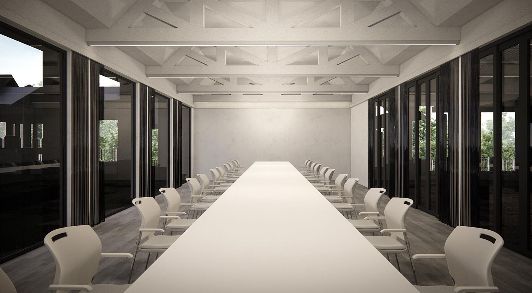 A conference room with a long table, chairs, and large windows.