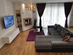 Smart TV, chimenea, libros y biblioteca musical