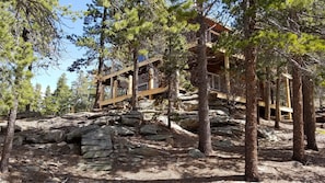 Overlooking the forest, this mountain lodge features a balcony with a scenic view.