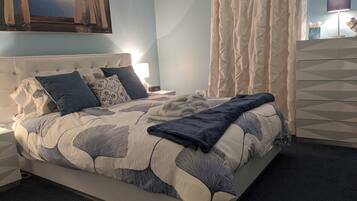 1 bedroom, memory foam beds, desk, iron/ironing board