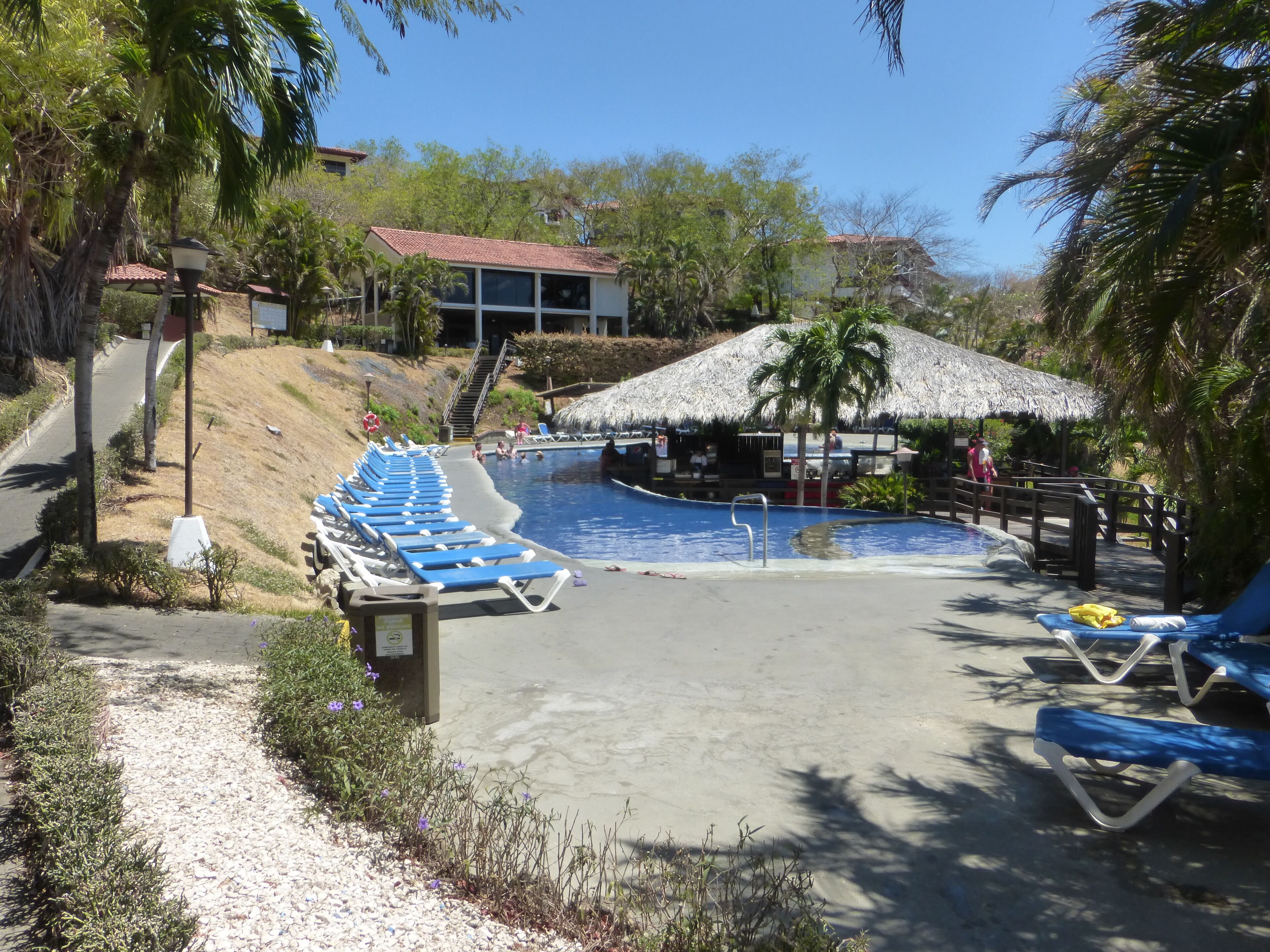 A swimming pool area with lounge chairs and a thatched-roof structure.