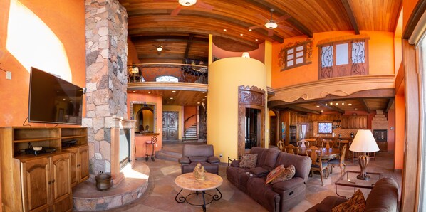 Smart TV, fireplace, DVD player, books