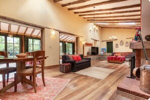 Smart TV, fireplace, DVD player, books