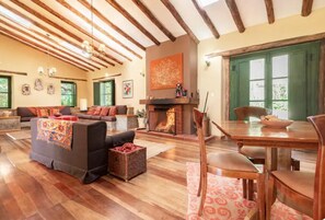 Smart TV, fireplace, DVD player, books