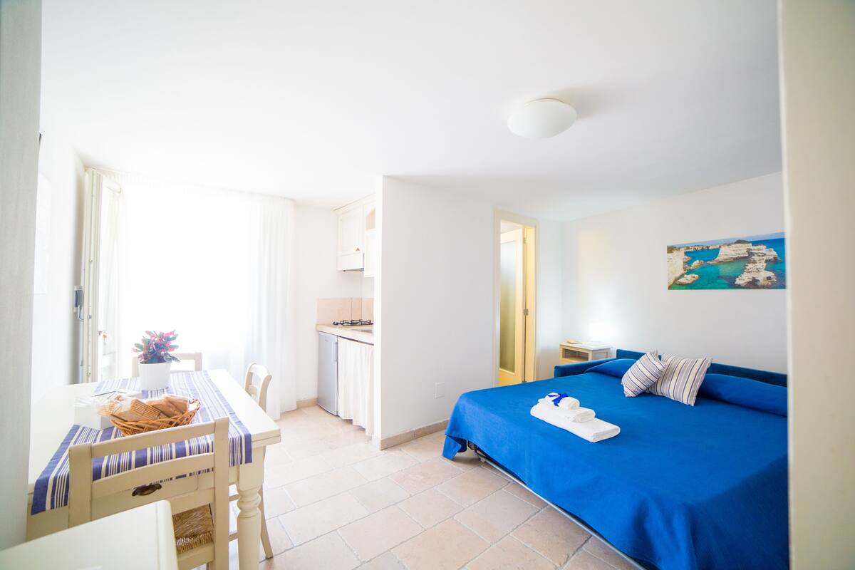 A room with a bed, a dining table, and a kitchenette.