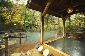 A traditional Japanese onsen with wooden structures, a natural hot spring, and surrounding trees. - Motoyu Magokuro (Takayama)