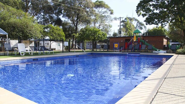 Una piscina con borde de azulejos, rodeada de una valla y árboles.