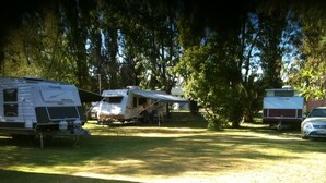 Un camping con vehículos recreativos estacionados sobre césped, rodeado de árboles.