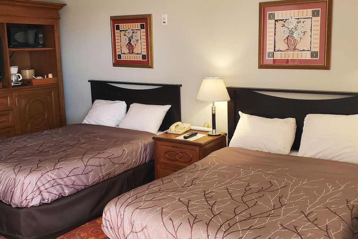 A hotel room with two beds, a nightstand with a lamp, a telephone, and a microwave on a cabinet.