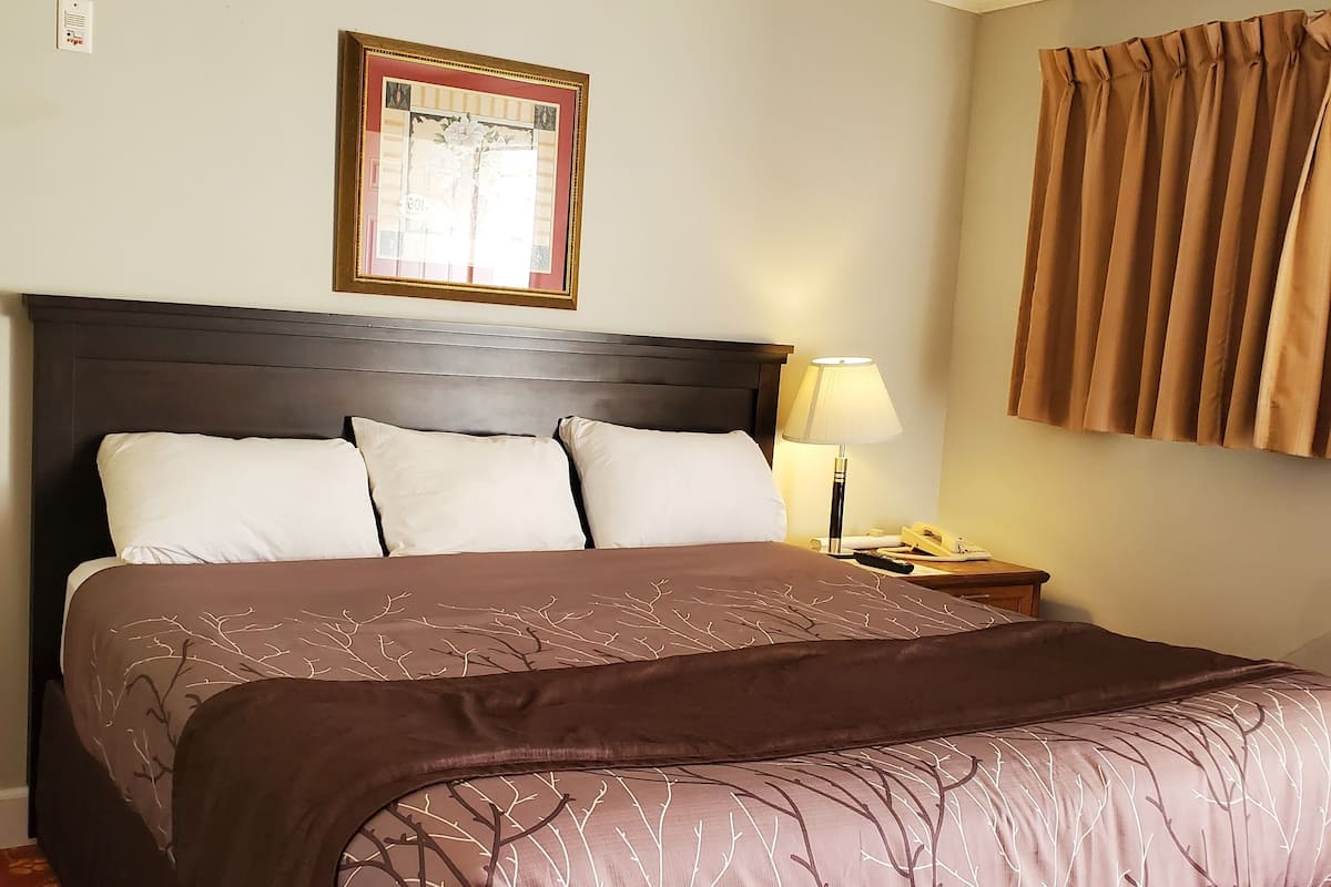 A neatly made bed with a brown bedspread and white pillows, a bedside lamp, and a framed picture on the wall.